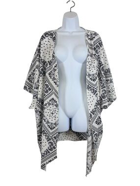 Boho Paisley Kimono Cardigan Black &White Open Front 2XL Lightweight Swim Cover